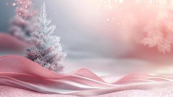 Snowy Christmas scenery with frosted pine tree and pink silk in a soft winter wonderland photo