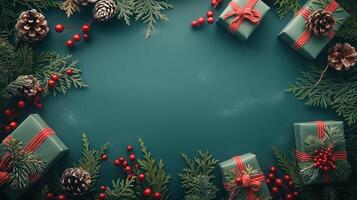 A green Christmas background with red bows and pine cones photo