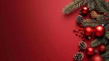 A red background with a bunch of red and green Christmas decorations photo