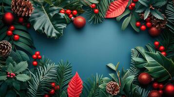 elegante Navidad bandera con lozano verdor y rojo adornos foto