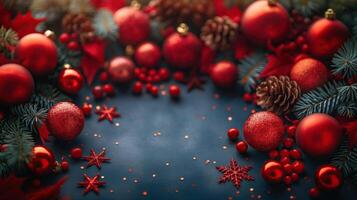 A blue Christmas background with red and gold ornaments and pine cones photo