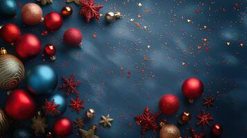 A blue background with a bunch of red and blue Christmas ornaments photo