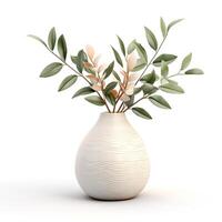 A white vase with green leaves in it photo