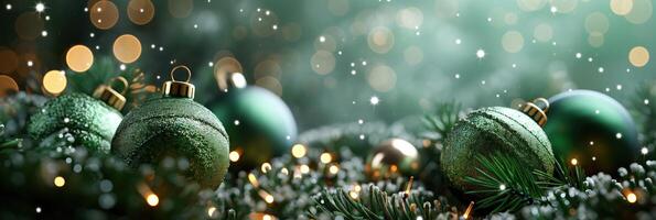 A green Christmas tree with many green and gold ornaments photo