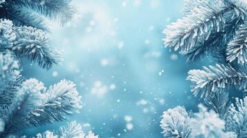 A blue winter sky with snow on the trees photo