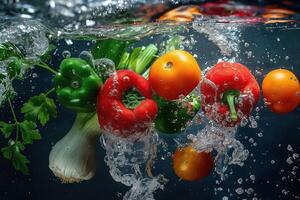 Dynamic image of fresh vegetables submerged in water with splashes, showcasing vibrant colors and freshness photo