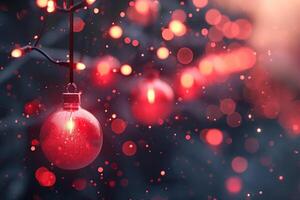 Red Christmas ornament hanging elegantly with a festive bokeh of lights in the background creating a magical holiday atmosphere photo