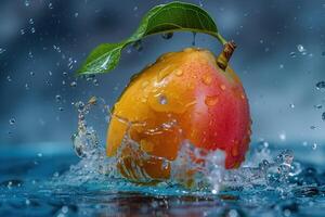 A ripe orange fruit mango is floating in a pool of water photo