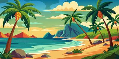 Beach with palm trees, illustration. Based on image. vector