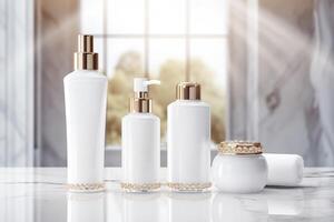 A set of four white beauty products are displayed on a marble countertop photo
