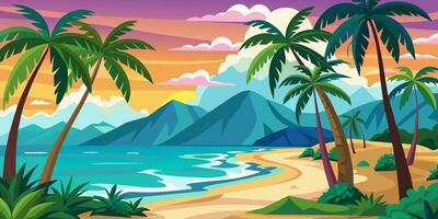 Beach with palm trees, illustration. Based on image. vector