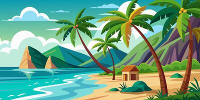 Beach with palm trees, illustration. Based on image. vector