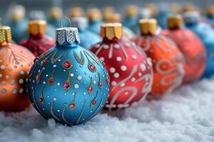 A row of Christmas ornaments with blue and red designs photo