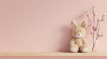 A teddy bear is sitting on a shelf next to a pink wall. Baby pastel stage podium background photo