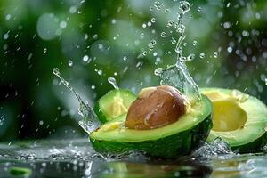 Splash of freshness an avocado half hit by a water spray against a lush green backdrop photo