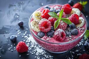 Refreshing berry smoothie bowl with banana, chia seeds, and fresh mint on a dark background photo