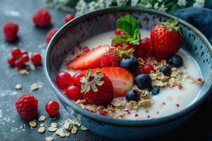 nutritivo desayuno cuenco con Fresco frutas, bayas, y cereales en un texturizado superficie foto