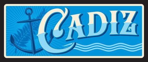 Cadiz Spanish city, retro travel plate vector