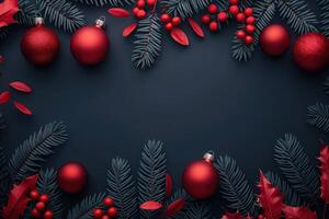 Stylish Christmas banner with red baubles, berries, and pine leaves on a dark background photo