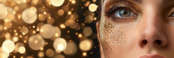 de cerca belleza bandera con dorado mujer maquillaje y bokeh luces foto