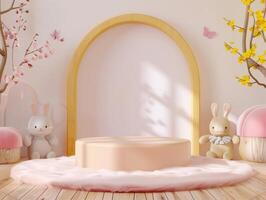 Children's room display with plush rabbits and spring blossoms, soft pastel tones photo