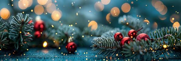 A Christmas tree background with red ornaments and lights photo
