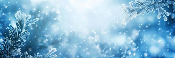 A blue sky with snowflakes falling on the ground. Winter banner background photo