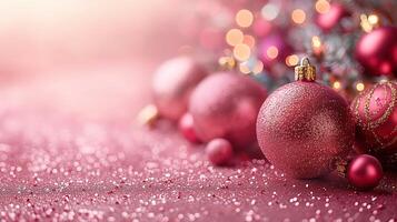 Festive Christmas background with shimmering gold and pink baubles and twinkling lights photo