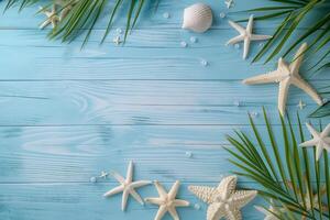 A blue background with white starfish and palm leaves photo