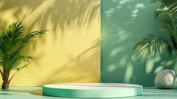 A green and yellow wall with a podium for show photo