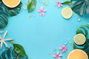 A blue summer background with a flower and a lemon on it photo