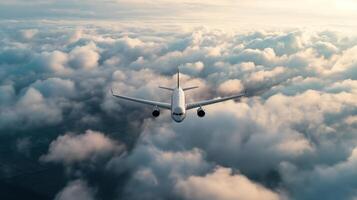 A white airplane is flying through a cloudy sky photo