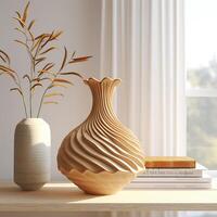 A vase with a spiral design sits on a table next to a book photo