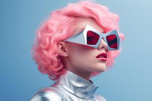 A woman with pink hair and silver sunglasses photo