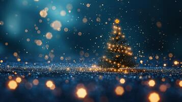 A Christmas tree is lit up with lights and is surrounded by a blue background photo