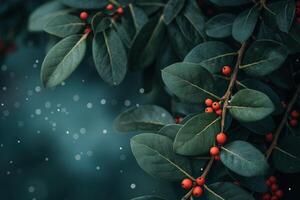 A leafy green bush with red berries. Christmas banner background photo