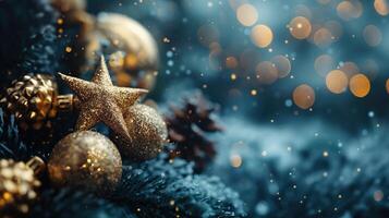A star is surrounded by gold ornaments on a tree photo