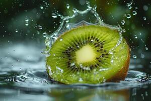 un jugoso kiwi rebanada haciendo un chapoteo en agua, exhibiendo vibrante verde y negro semillas con dinámica gotas foto