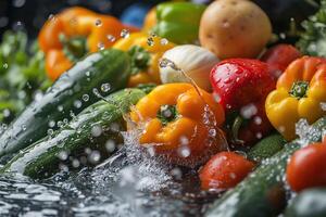 Assorted fresh vegetables with splashing water, highlighting the freshness and vibrant colors on a dark background photo