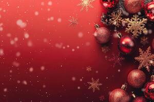 Red Christmas background with balls and snowflakes, festive holiday theme photo