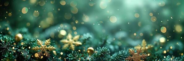 A green Christmas background with a bunch of snowflakes and gold ornaments photo