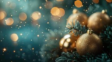 A Christmas tree with gold ornaments and a blue background photo