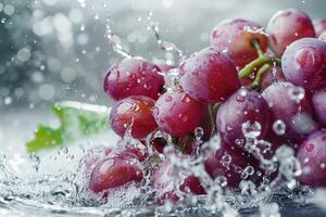 Fresco jugoso uvas salpicado con agua gotas, vibrante de cerca con verde follaje foto