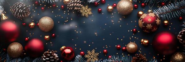 A Christmas scene with many red and gold ornaments and pine cones photo