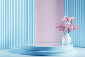 Elegant pastel podium setup with pink orchids and soft blue backdrop for product showcasing photo