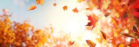 un hermosa otoño bandera escena con hojas que cae desde arboles foto