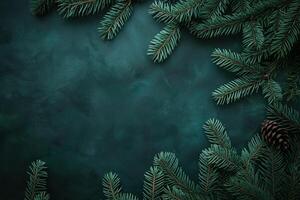 Minimalistic trendy green Christmas background with fir branches photo