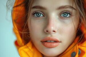 A woman with blue eyes and a red jacket photo