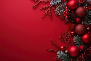 A red background with a bunch of red and green Christmas decorations photo