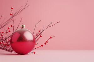 Minimalistic Christmas composition with a shiny red bauble and berries on a pink backdrop photo